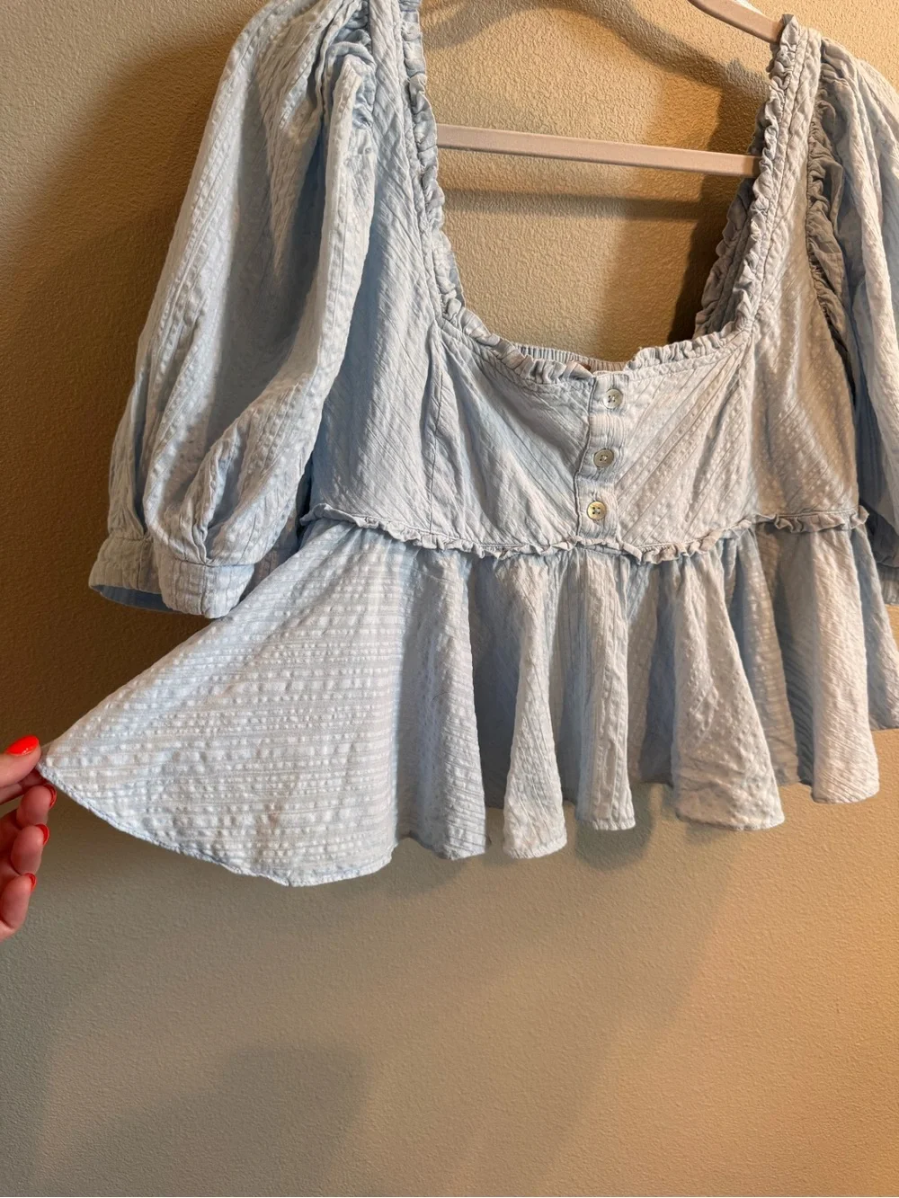 Free People Leave it to Me Pale Blue Square Neck Puff Sleeve Peplum Top